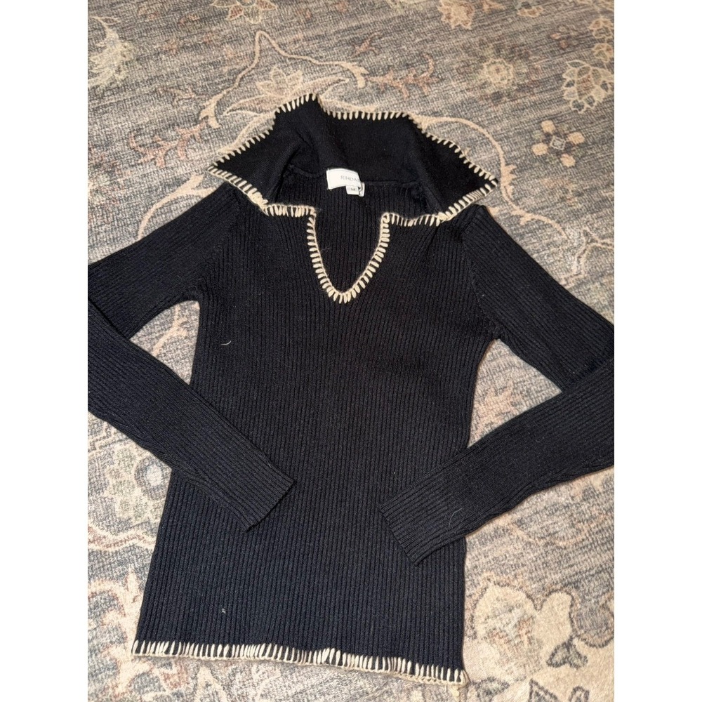 Rihoas Black Lapel Seam Knit Top Long Sleeve